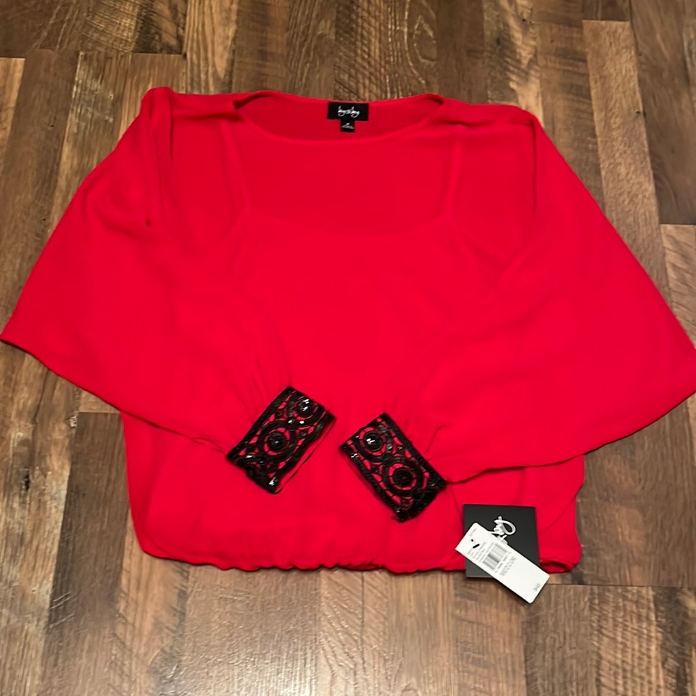 NWT Red Blouse with Black Sequin Wrist detail~😍😍